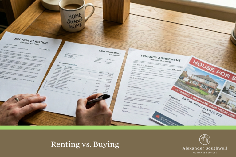 Person signing tenancy agreement beside bank statement, section 21 notice and house for sale advert